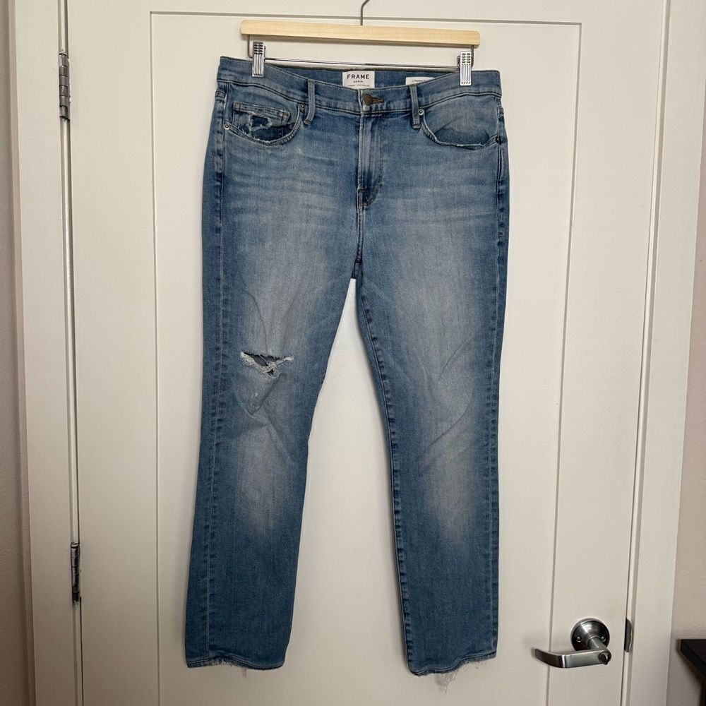 Frame L’Homme Slim Jeans Mens Sz 34 Blue Bay Distressed Straight Denim Stretch